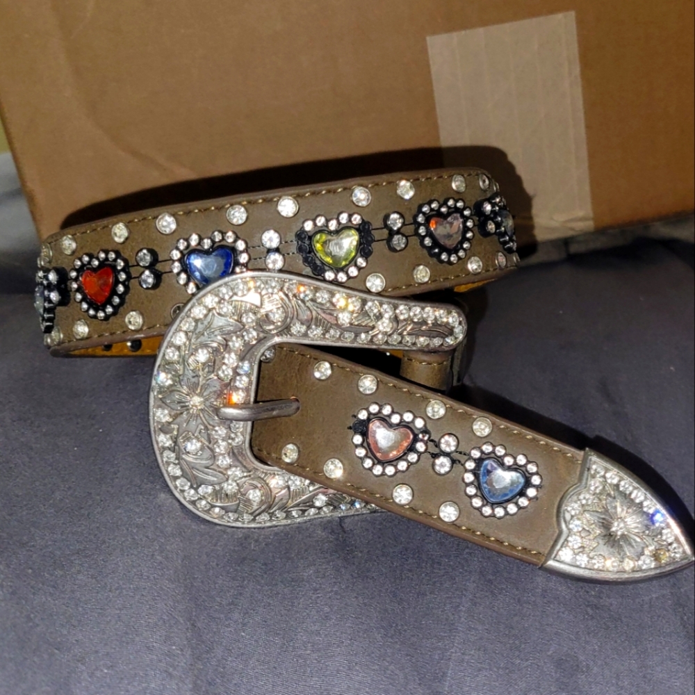 Embellished Heart Design Belt - Brown